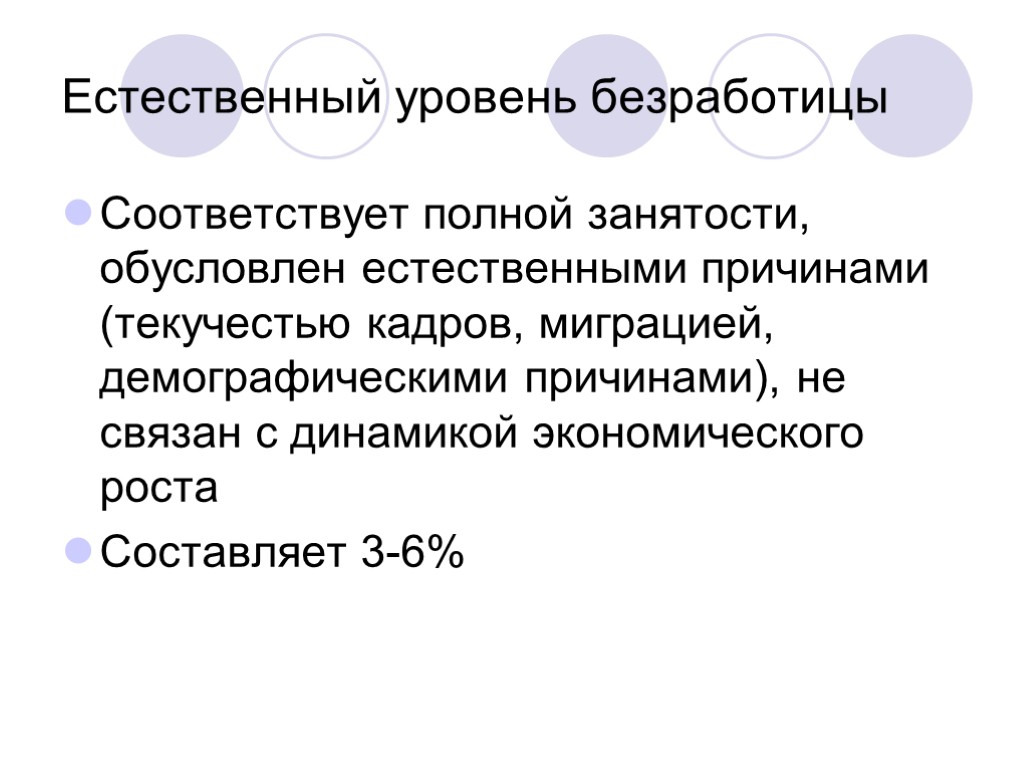 Естественный уровень безработицы Соответствует полной занятости, обусловлен естественными причинами (текучестью кадров, миграцией, демографическими причинами),